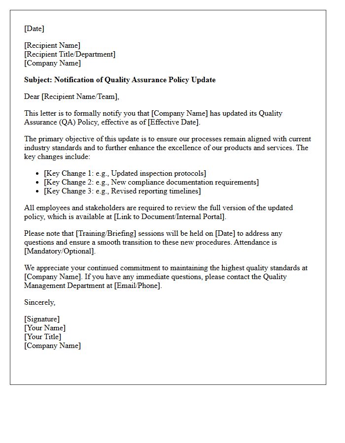 Quality Assurance Policy Update Letter
