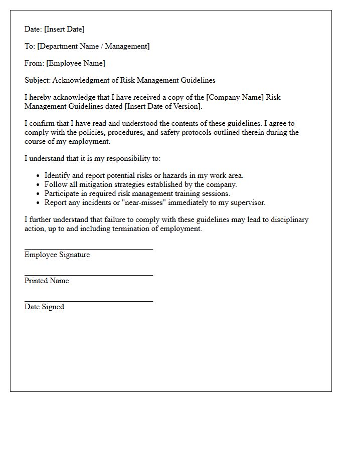 Risk Management Guidelines Acknowledgment Letter