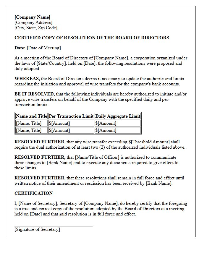 Board of Directors Resolution Letter for Wire Transfer Authority Limit Changes