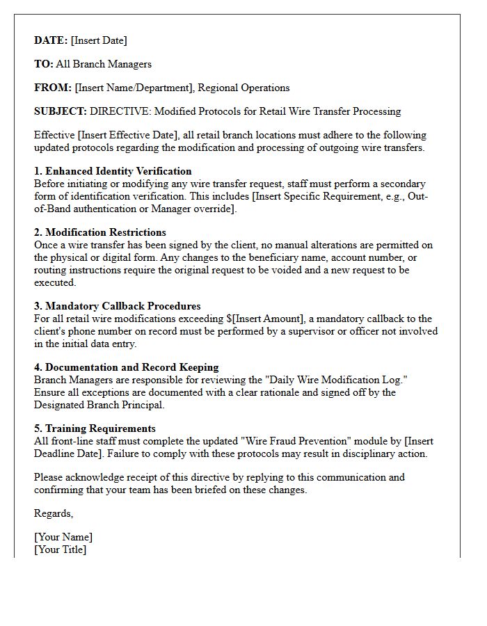 Branch Manager Directive Letter on Retail Wire Transfer Modification Protocols