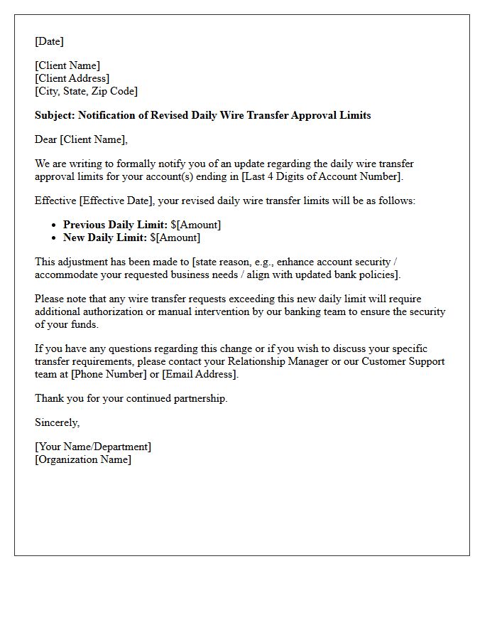 Client Notification Letter for Revised Daily Wire Transfer Approval Limits