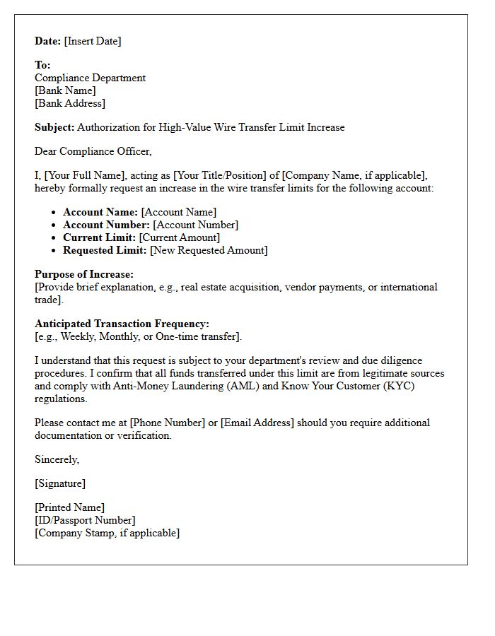 Compliance Department Authorization Letter on High-Value Wire Transfer Limits
