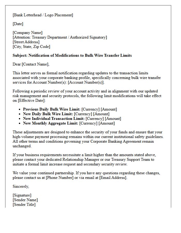Corporate Banking Letter Announcing Bulk Wire Transfer Limit Modifications