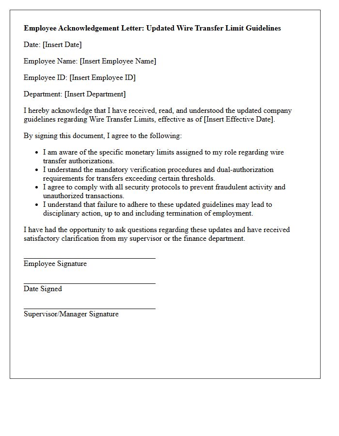 Employee Acknowledgement Letter for Updated Wire Transfer Limit Guidelines
