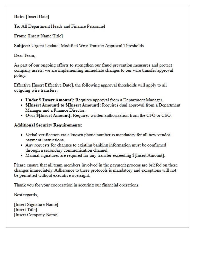 Fraud Prevention Policy Letter on Modified Wire Transfer Approval Thresholds