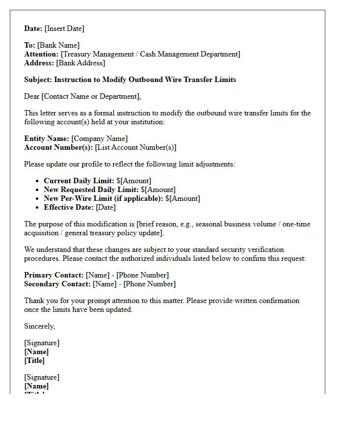 Treasury Operations Instruction Letter for Outbound Wire Limit Modifications