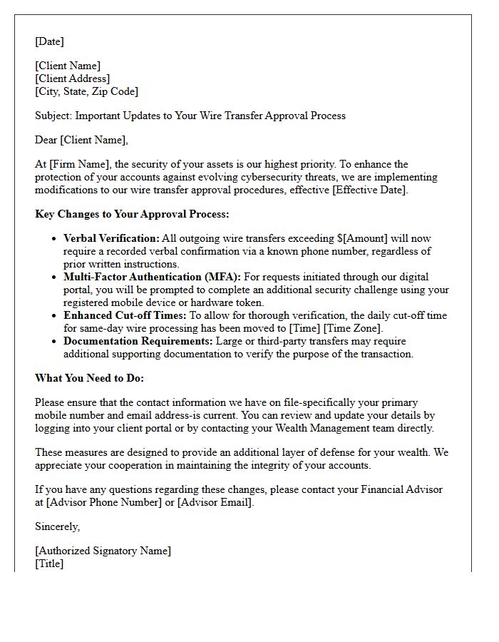 Wealth Management Client Letter Detailing Wire Transfer Approval Modifications