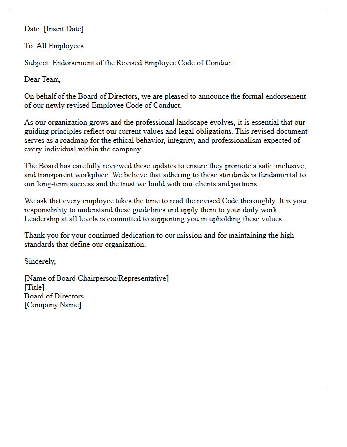 Board of Directors Letter Endorsing the Revised Employee Code of Conduct