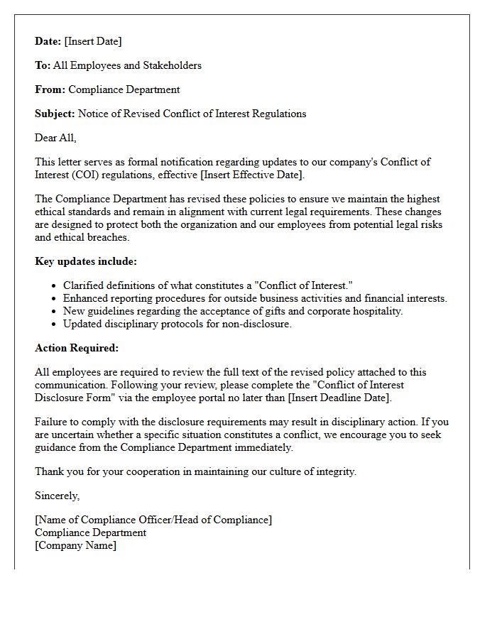 Compliance Department Letter on Revised Conflict of Interest Regulations