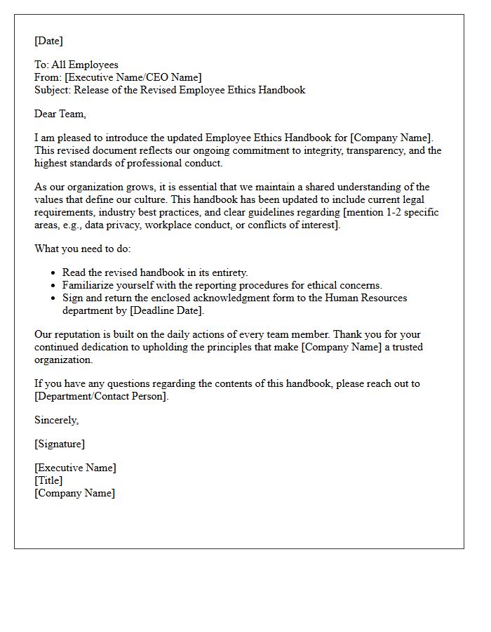Executive Transmittal Letter for the Revised Employee Ethics Handbook