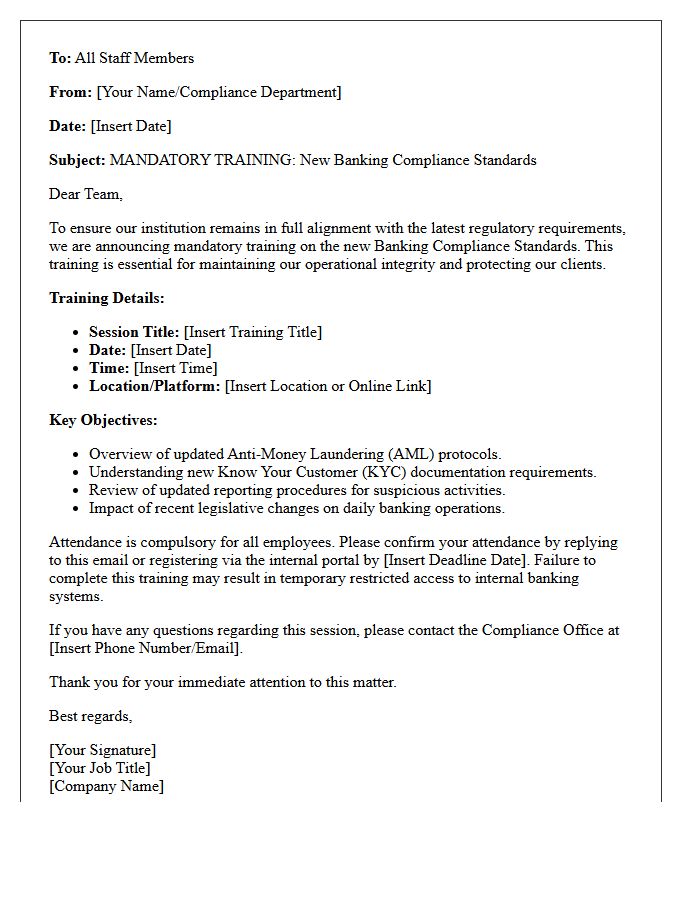 Letter Announcing Mandatory Training on New Banking Compliance Standards