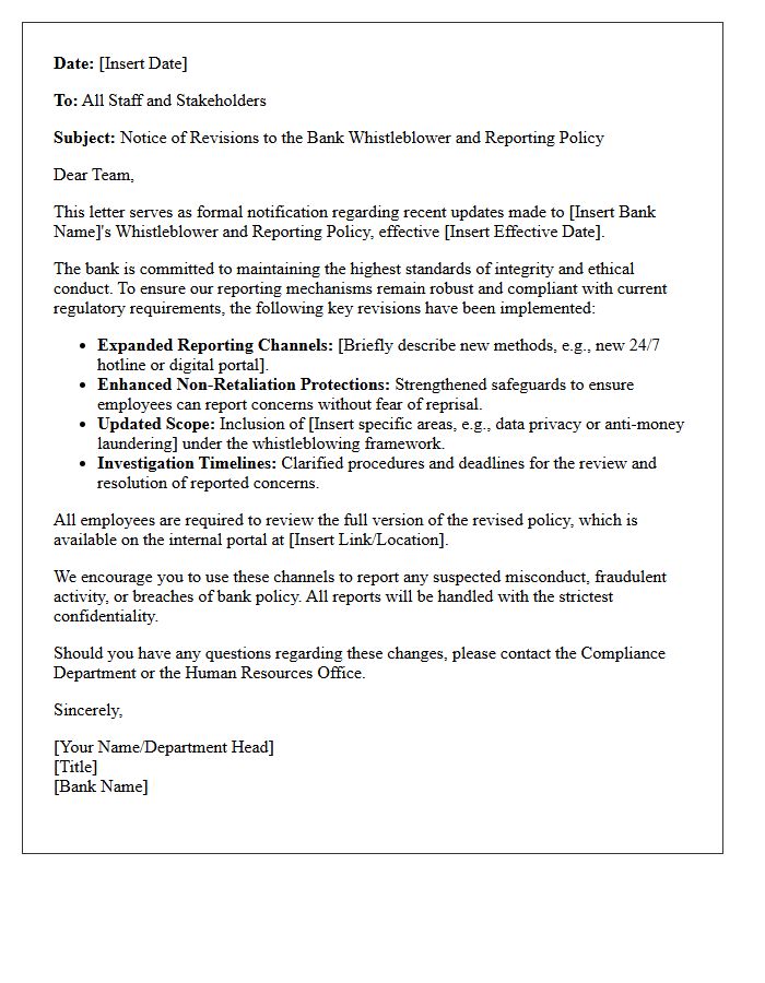 Letter Concerning Revisions to the Bank Whistleblower and Reporting Policy