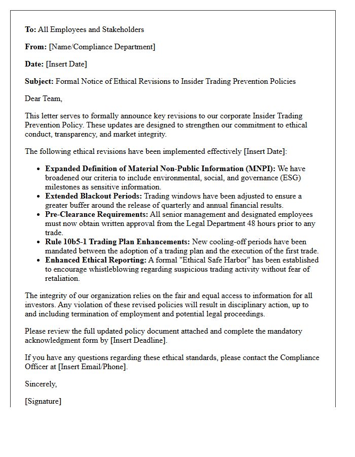 Letter Detailing Ethical Revisions to Insider Trading Prevention Policies