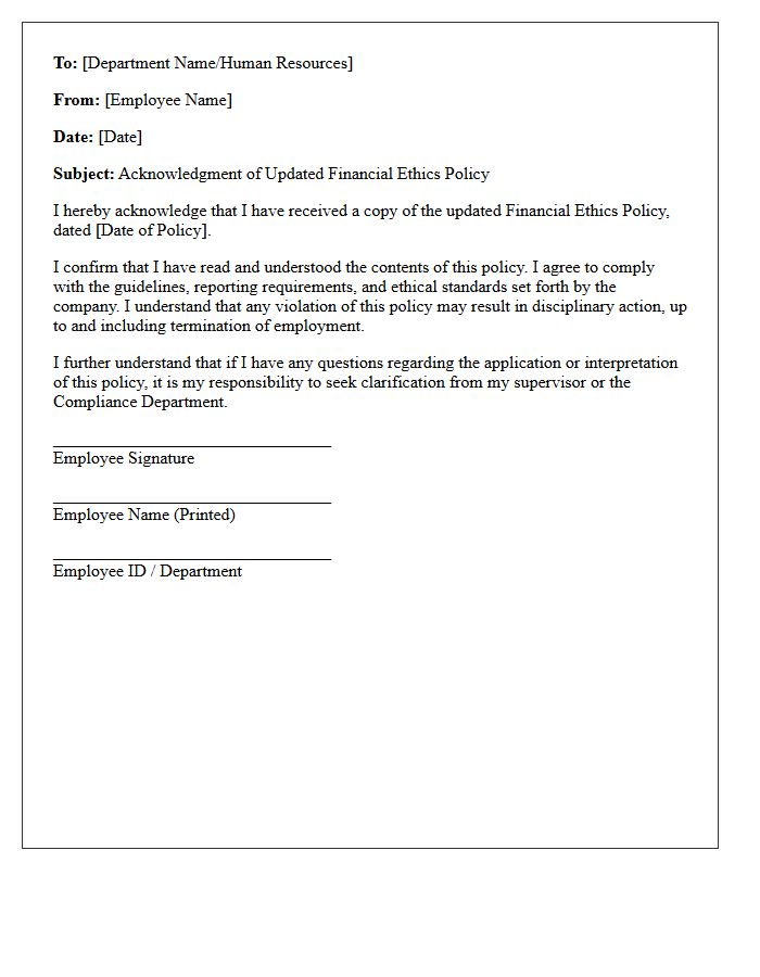 Letter of Acknowledgment for the Updated Financial Ethics Policy