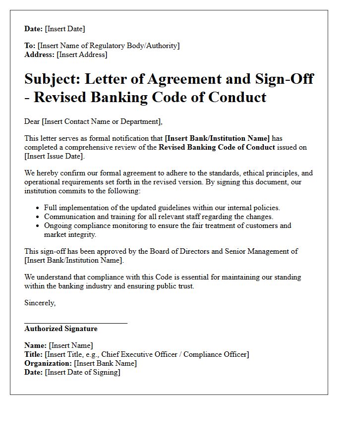 Letter of Agreement and Sign-Off for the Revised Banking Code of Conduct