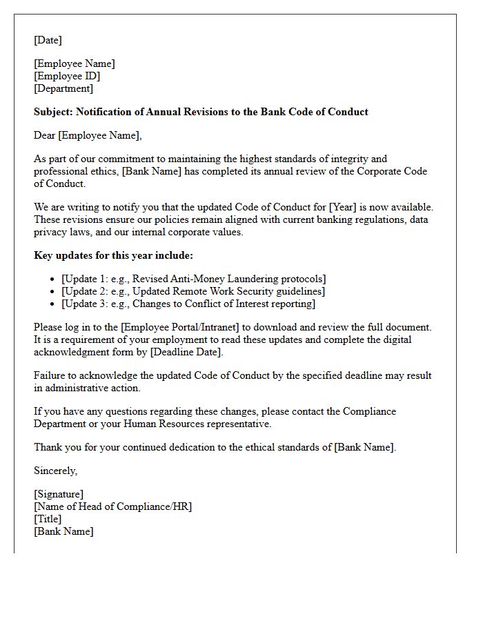Letter of Notification on Annual Bank Code of Conduct Revisions