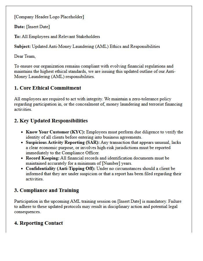 Letter Outlining Updated Anti-Money Laundering Ethics and Responsibilities