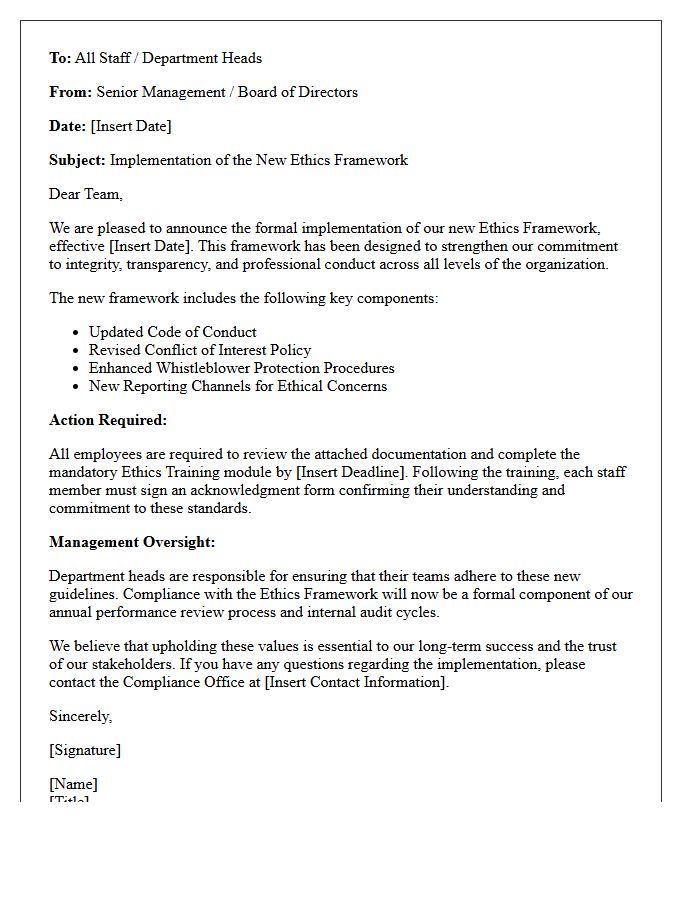 Management Letter on the Implementation of the New Ethics Framework