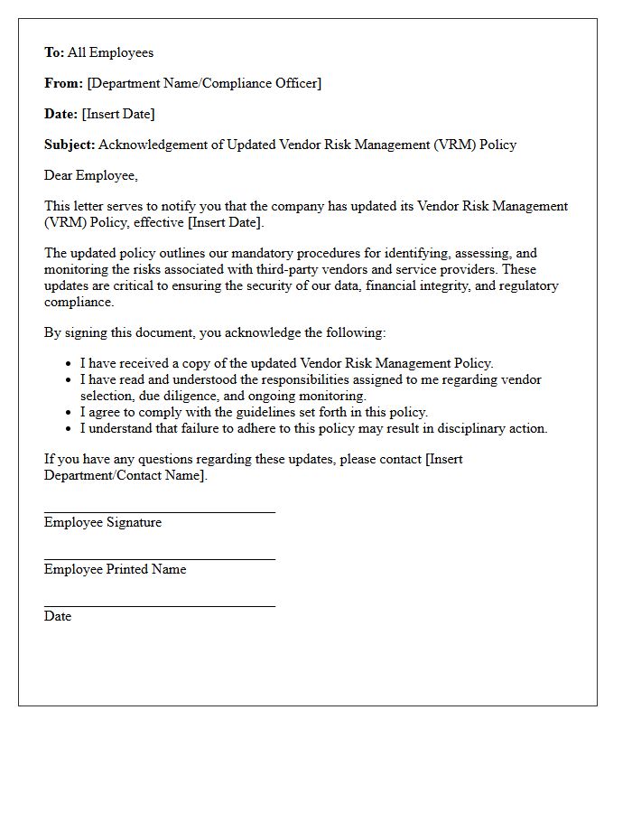 Employee Acknowledgement Letter for Vendor Risk Management Policy Updates