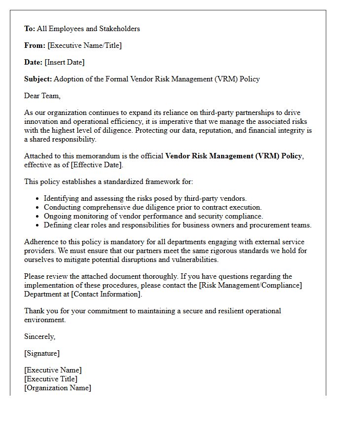 Executive Cover Letter for the Vendor Risk Management Policy Memorandum