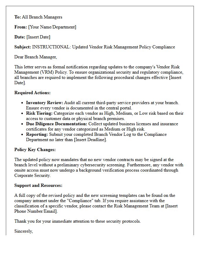 Instructional Letter to Branch Managers on Vendor Risk Policy Updates