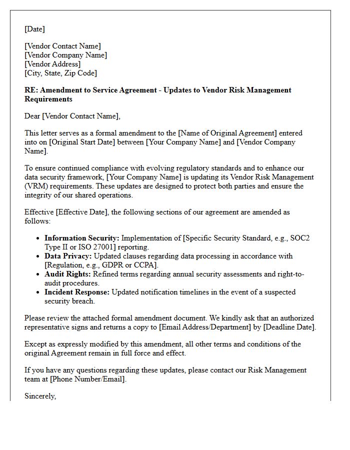 Letter of Contractual Amendment for Vendor Risk Management Updates