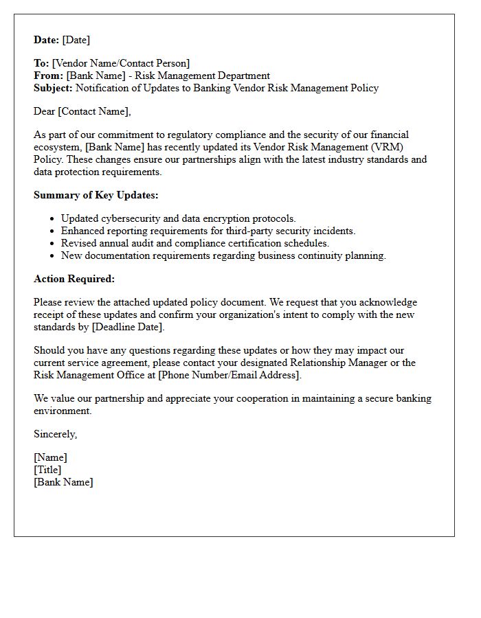 Letter of Notification for Banking Vendor Risk Management Policy Updates
