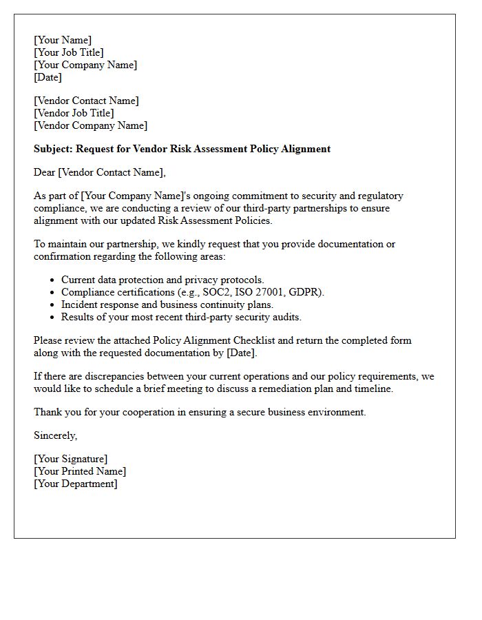 Letter of Request for Vendor Risk Assessment Policy Alignment