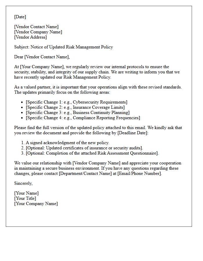 Letter to Existing Vendors Regarding Risk Management Policy Updates