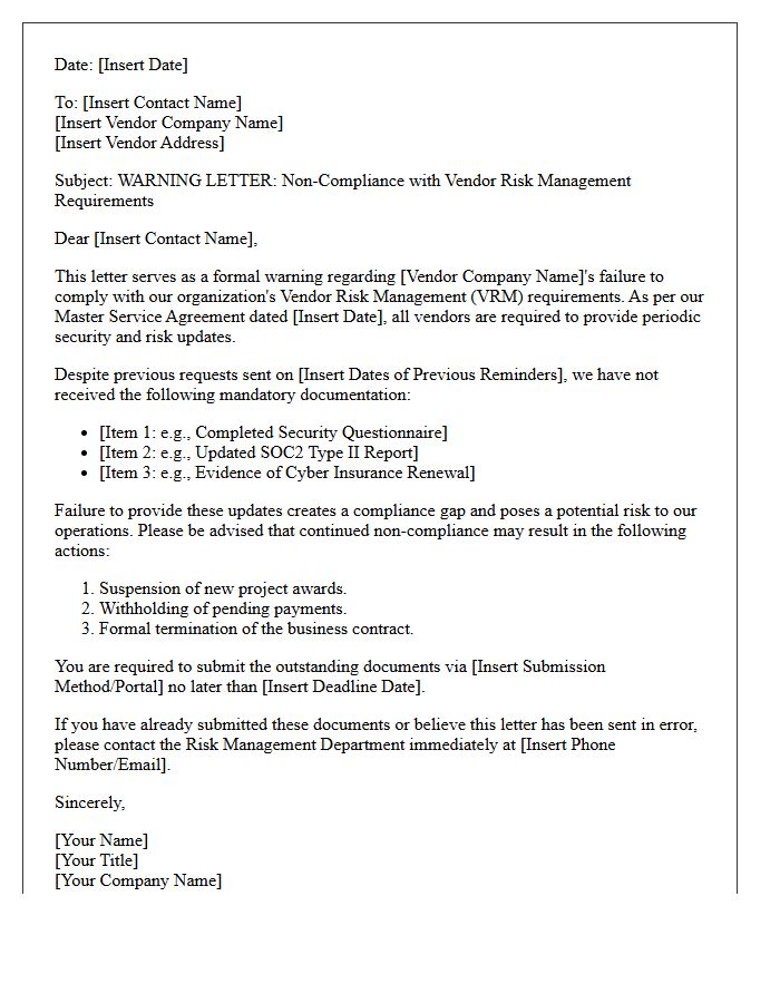 Warning Letter for Non-Compliance With Vendor Risk Management Updates