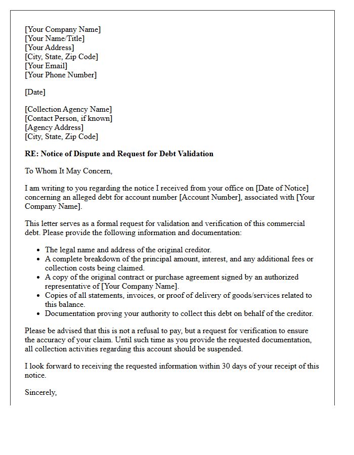 Commercial Account Debt Validation Letter