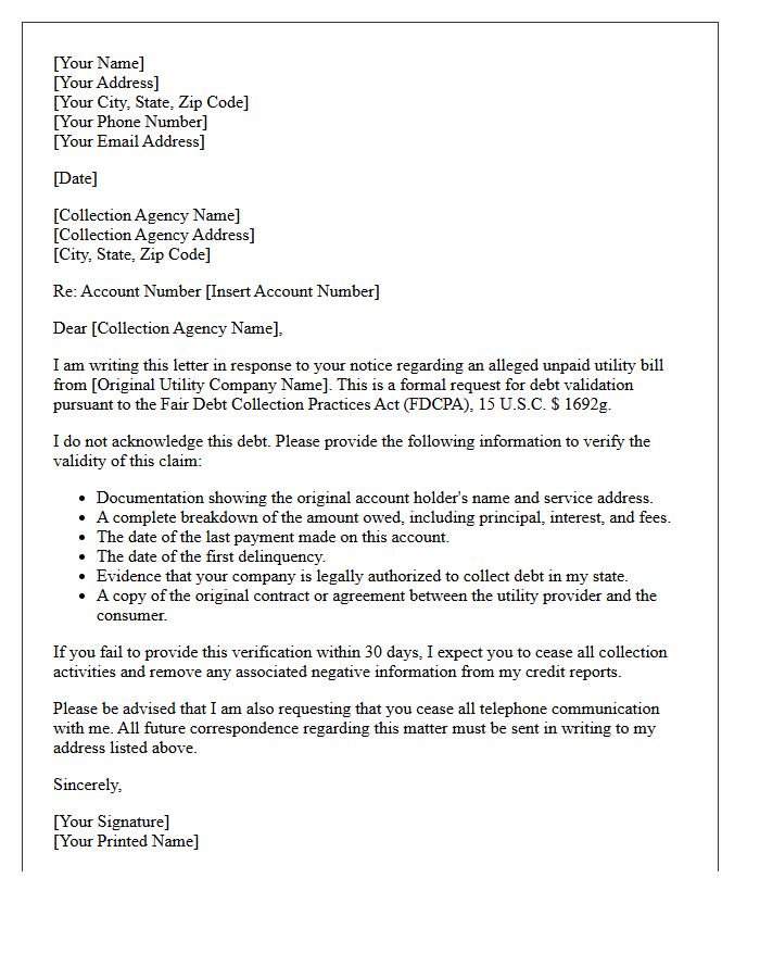 Unpaid Utility Bill Debt Validation Letter
