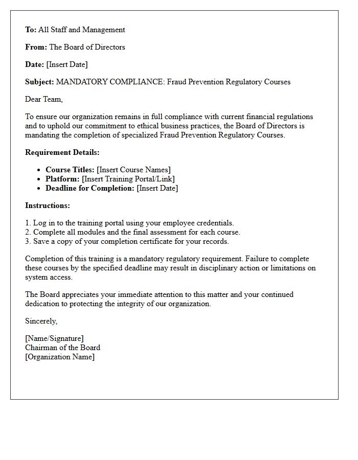 Board of Directors Letter Mandating Fraud Prevention Regulatory Courses