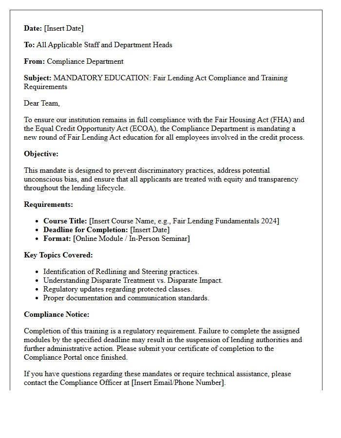 Compliance Department Letter Dictating Fair Lending Act Education Mandates