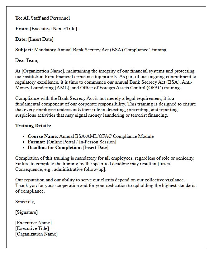 Executive Letter Regarding Annual Bank Secrecy Act Compliance Training
