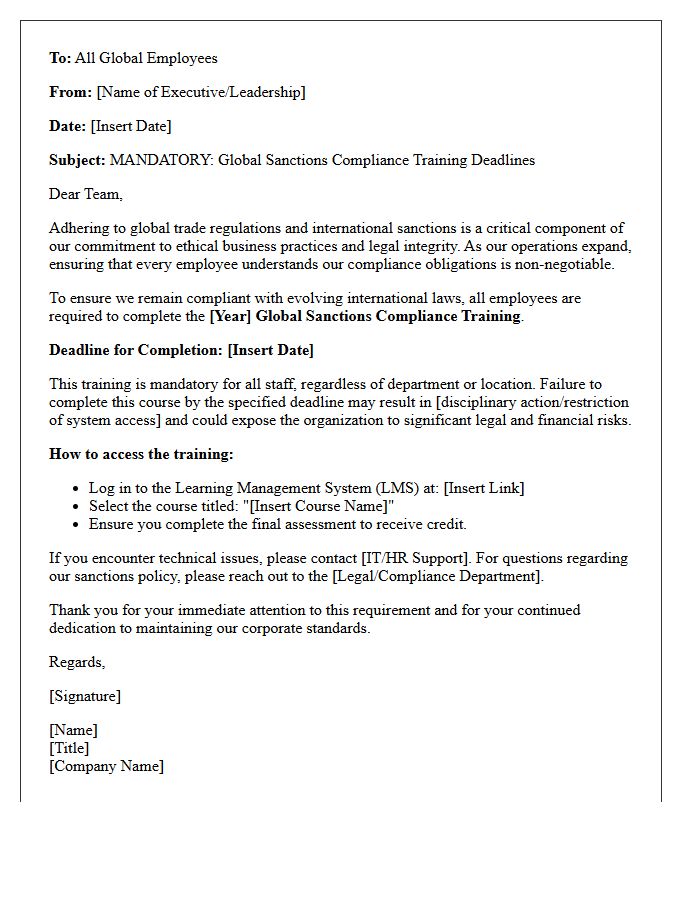 Leadership Letter Enforcing Global Sanctions Compliance Training Deadlines