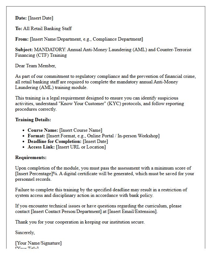 Letter of Mandated Anti-Money Laundering Training for Retail Banking Staff