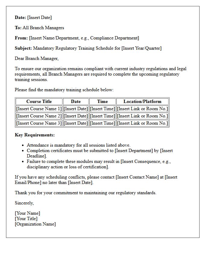 Management Letter Outlining Regulatory Training Schedules for Branch Managers