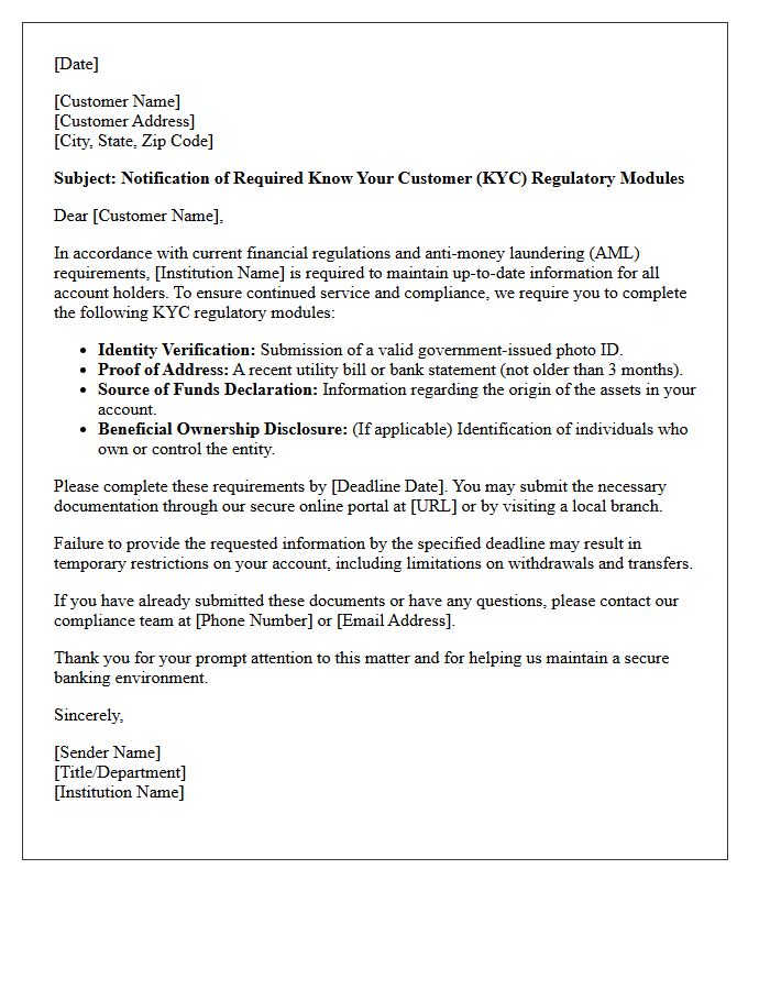 Notification Letter on Required Know Your Customer Regulatory Modules