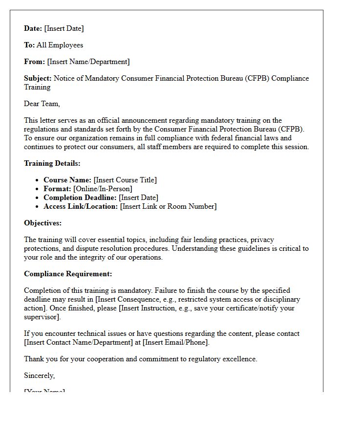 Official Letter Announcing Mandatory Consumer Financial Protection Bureau Training