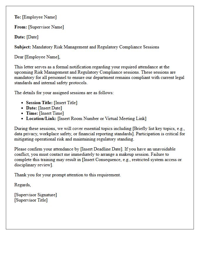 Supervisory Letter on Required Risk Management and Regulatory Compliance Sessions