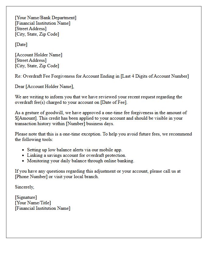 Account Holder Letter Regarding Overdraft Fee Forgiveness