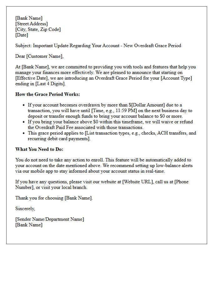 Customer Notification Letter Introducing Overdraft Grace Periods