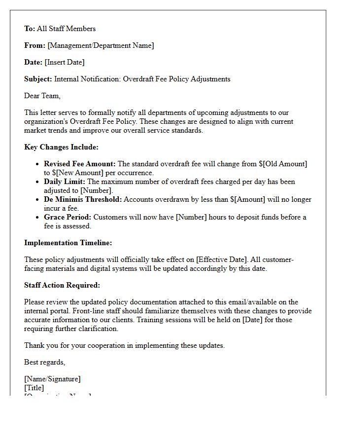 Internal Notification Letter Regarding Overdraft Fee Policy Adjustments