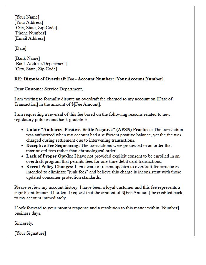 Overdraft Fee Dispute Resolution Letter Under New Policy