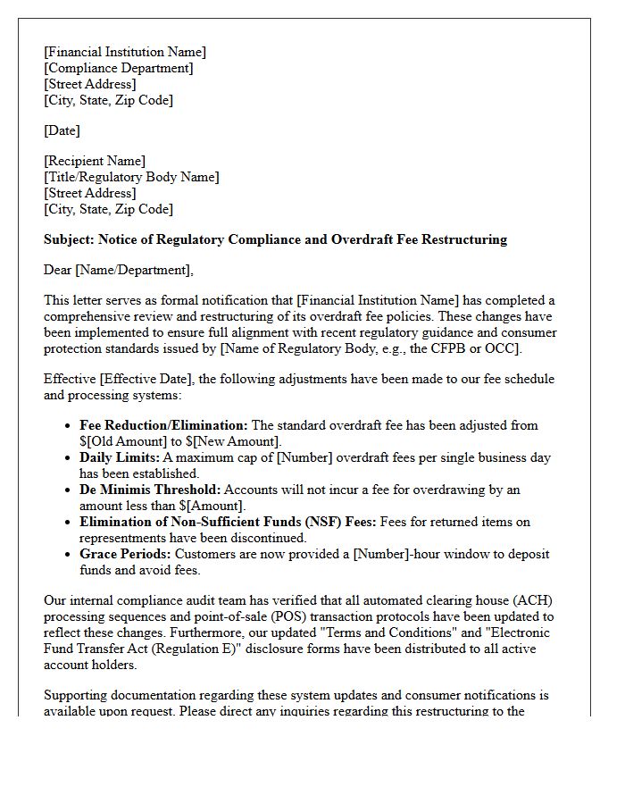 Regulatory Compliance Letter for Overdraft Fee Restructuring