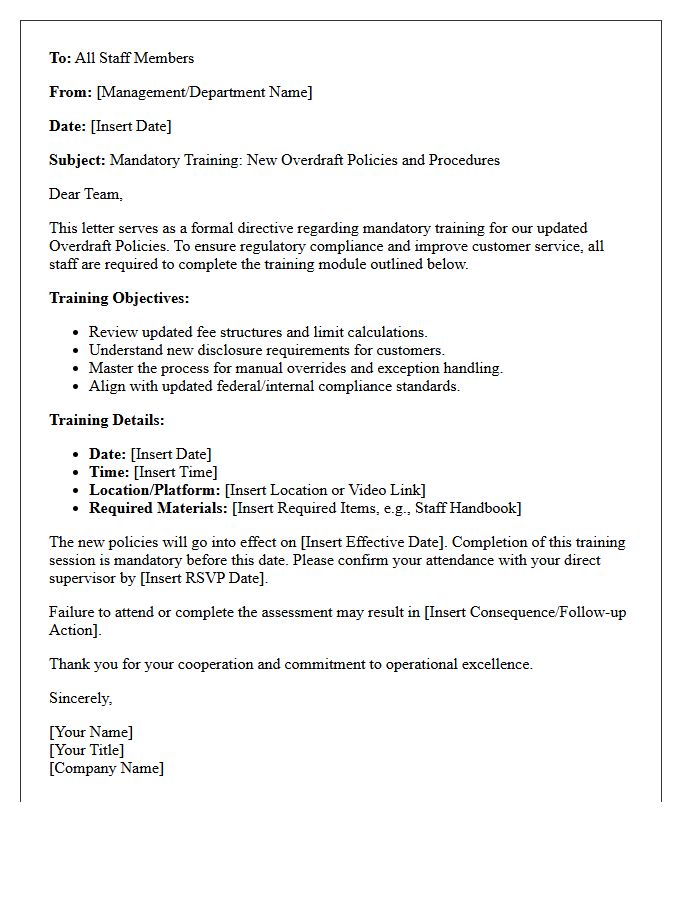 Staff Training Directive Letter for New Overdraft Policies