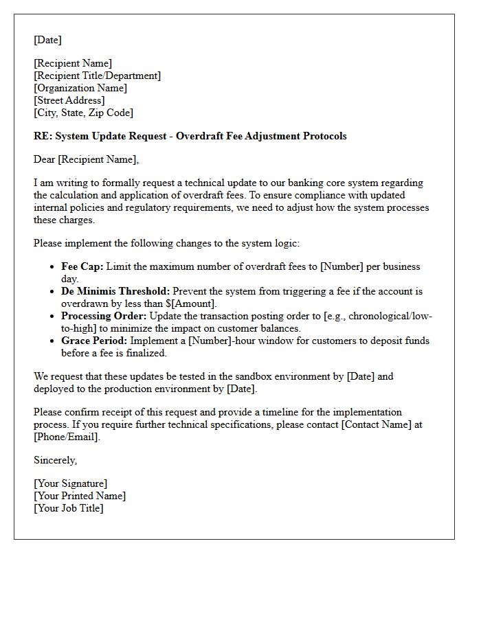 System Update Request Letter for Overdraft Fee Adjustments
