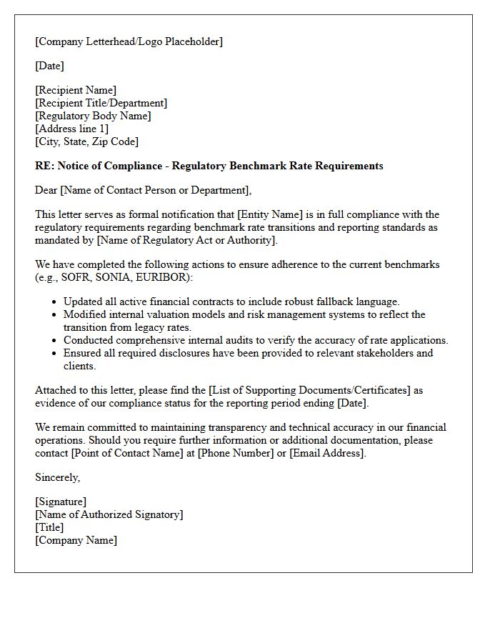 Compliance Letter for Regulatory Benchmark Rate Requirements