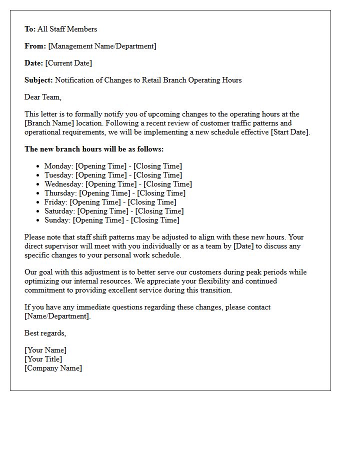 Internal Letter Notifying Staff of Retail Branch Hour Alterations